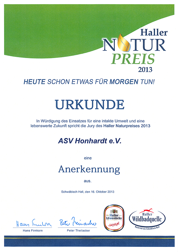 Urkunde Haller Umweltpreis 2013